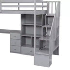 Lit mezzanine en bois de 94,4 po (L) x 57,4 po (l) avec bureau en L et tiroirs, armoire et escalier de rangement