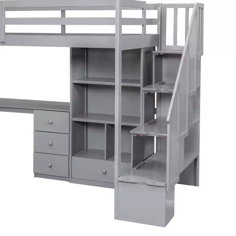 Lit mezzanine en bois de 94,4 po (L) x 57,4 po (l) avec bureau en L et tiroirs, armoire et escalier de rangement