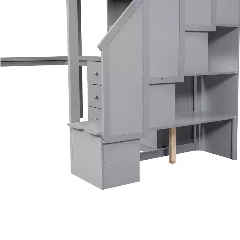 Lit mezzanine en bois de 94,4 po (L) x 57,4 po (l) avec bureau en L et tiroirs, armoire et escalier de rangement