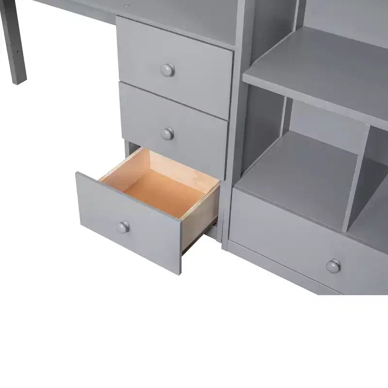 Lit mezzanine en bois de 94,4 po (L) x 57,4 po (l) avec bureau en L et tiroirs, armoire et escalier de rangement