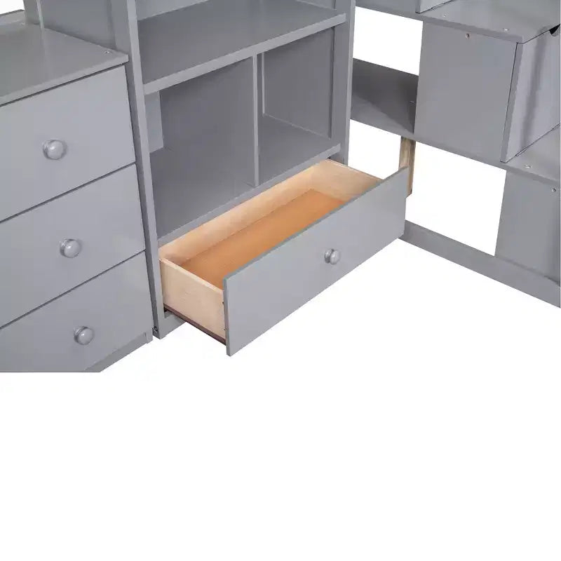 Lit mezzanine en bois de 94,4 po (L) x 57,4 po (l) avec bureau en L et tiroirs, armoire et escalier de rangement