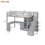Lit mezzanine en bois de 94,4 po (L) x 57,4 po (l) avec bureau en L et tiroirs, armoire et escalier de rangement