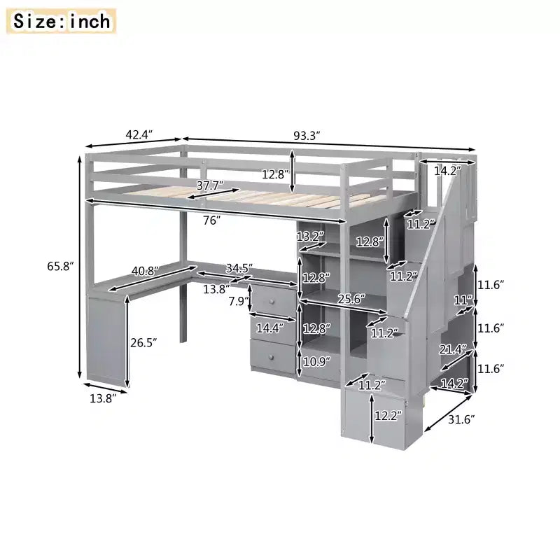 Lit mezzanine en bois de 94,4 po (L) x 57,4 po (l) avec bureau en L et tiroirs, armoire et escalier de rangement
