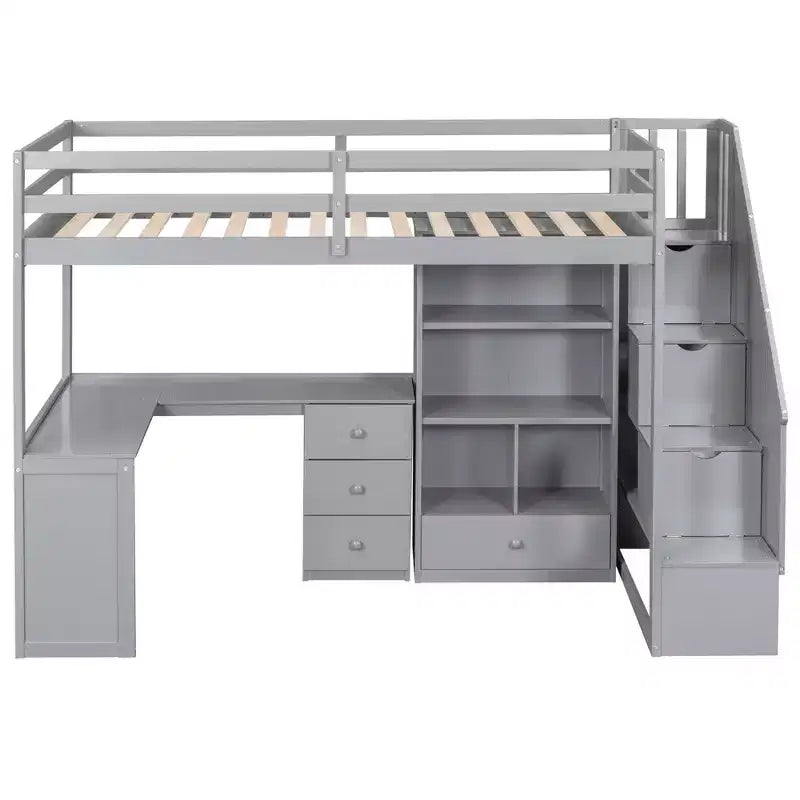 Lit mezzanine en bois de 94,4 po (L) x 57,4 po (l) avec bureau en L et tiroirs, armoire et escalier de rangement