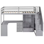 Lit mezzanine en bois de 94,4 po (L) x 57,4 po (l) avec bureau en L et tiroirs, armoire et escalier de rangement