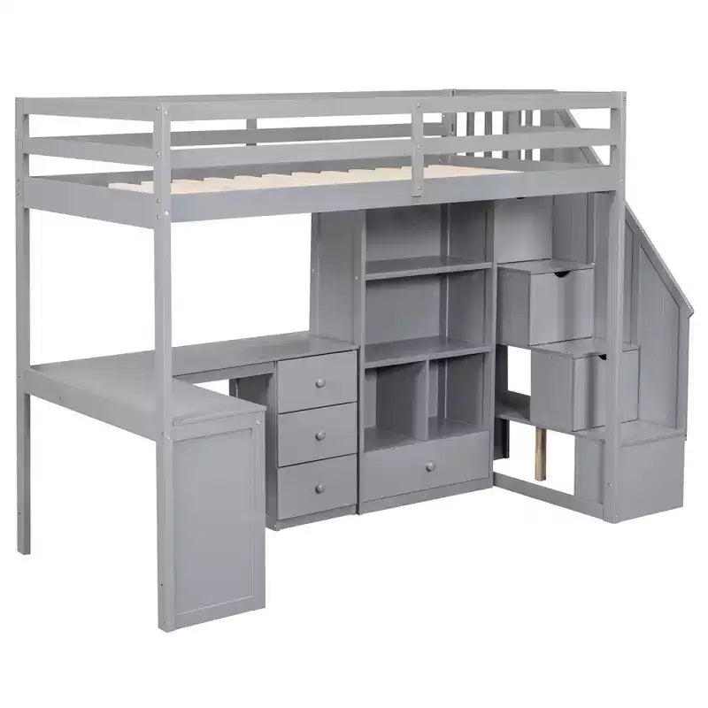 Lit mezzanine en bois de 94,4 po (L) x 57,4 po (l) avec bureau en L et tiroirs, armoire et escalier de rangement