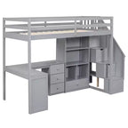 Lit mezzanine en bois de 94,4 po (L) x 57,4 po (l) avec bureau en L et tiroirs, armoire et escalier de rangement