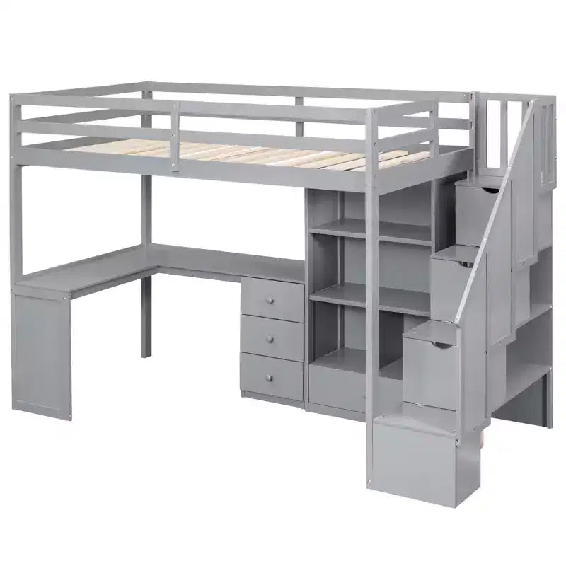 Lit mezzanine en bois de 94,4 po (L) x 57,4 po (l) avec bureau en L et tiroirs, armoire et escalier de rangement