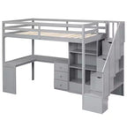 Lit mezzanine en bois de 94,4 po (L) x 57,4 po (l) avec bureau en L et tiroirs, armoire et escalier de rangement