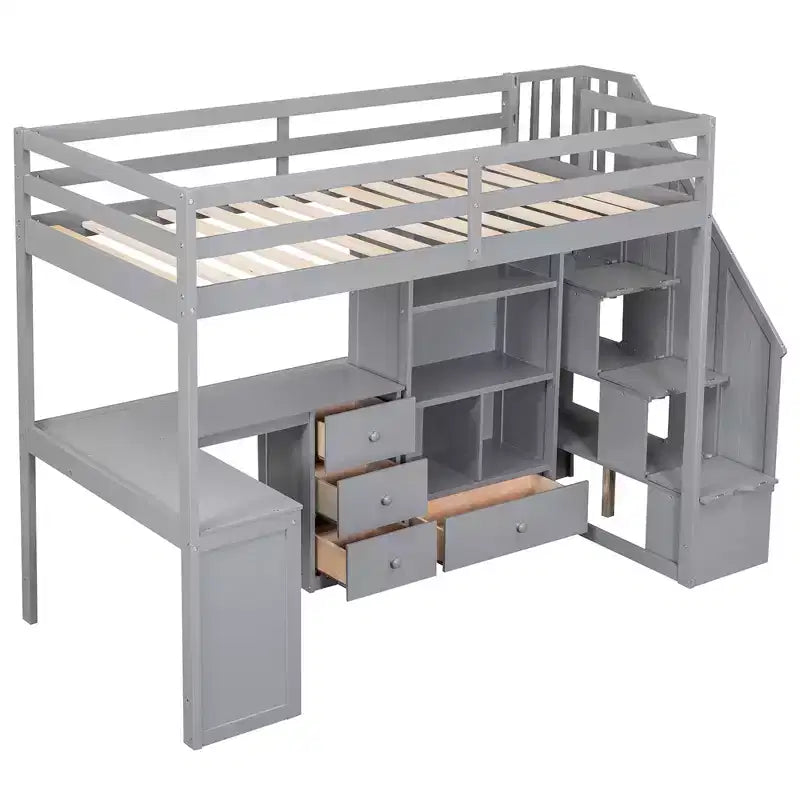 Lit mezzanine en bois de 94,4 po (L) x 57,4 po (l) avec bureau en L et tiroirs, armoire et escalier de rangement
