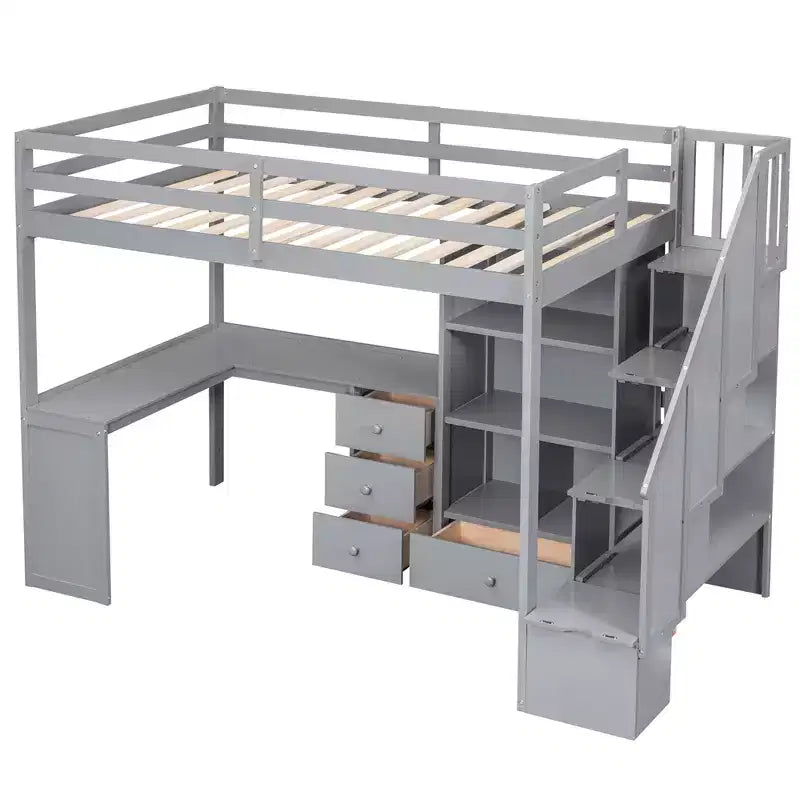 Lit mezzanine en bois de 94,4 po (L) x 57,4 po (l) avec bureau en L et tiroirs, armoire et escalier de rangement
