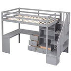 Lit mezzanine en bois de 94,4 po (L) x 57,4 po (l) avec bureau en L et tiroirs, armoire et escalier de rangement