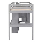 Lit mezzanine en bois de 94,4 po (L) x 57,4 po (l) avec bureau en L et tiroirs, armoire et escalier de rangement