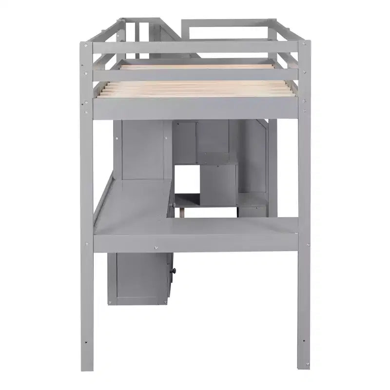 Lit mezzanine en bois de 94,4 po (L) x 57,4 po (l) avec bureau en L et tiroirs, armoire et escalier de rangement