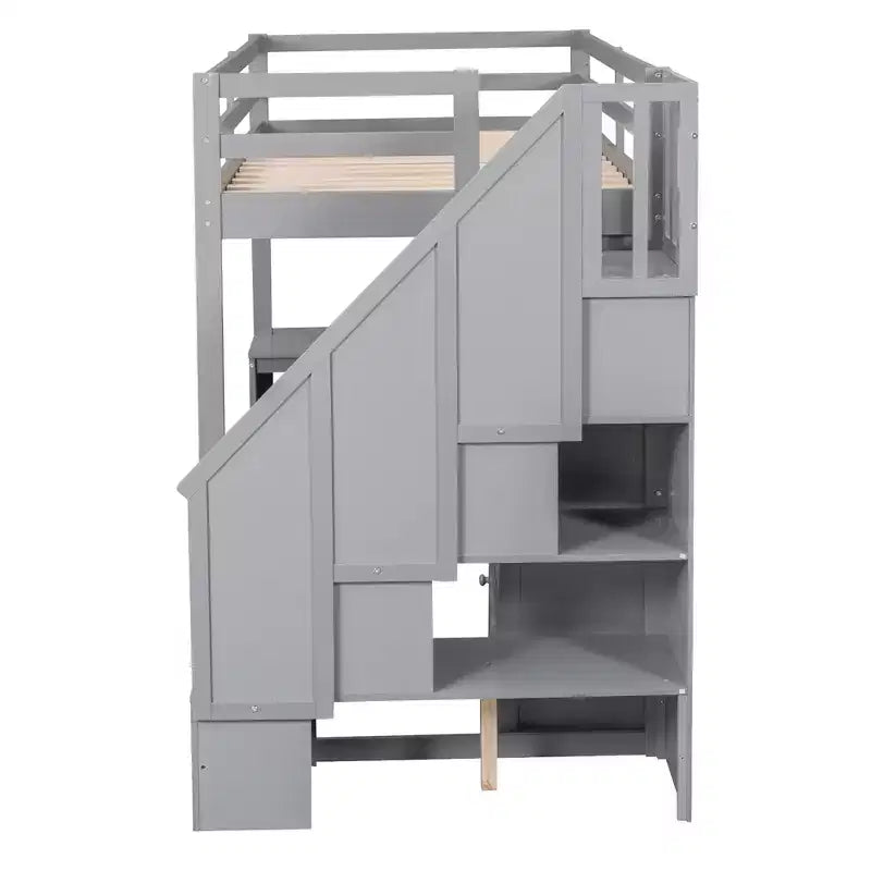 Lit mezzanine en bois de 94,4 po (L) x 57,4 po (l) avec bureau en L et tiroirs, armoire et escalier de rangement