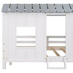 Lit cabane bas en forme de maison avec toit et deux fenêtres avant, taille jumeau, 204,2 cm L x 114,8 cm l x 181,4 cm H - Blanc