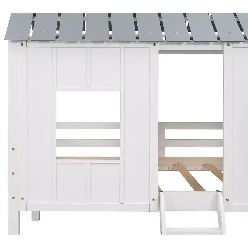 Lit cabane bas en forme de maison avec toit et deux fenêtres avant, taille jumeau, 204,2 cm L x 114,8 cm l x 181,4 cm H - Blanc