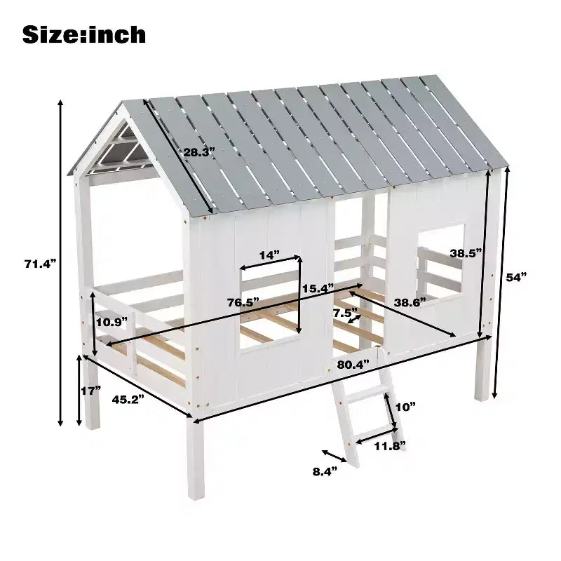 Lit cabane bas en forme de maison avec toit et deux fenêtres avant, taille jumeau, 204,2 cm L x 114,8 cm l x 181,4 cm H - Blanc
