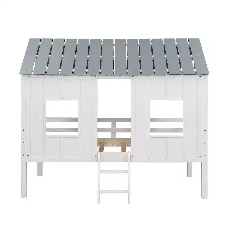 80.4''L 45.2''W 71.4H Twin Size House-shaped Low Loft Bed with Roof and Two Front Windows - White