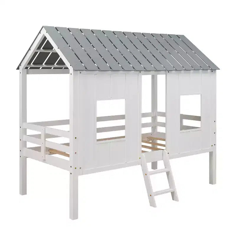 Lit cabane bas en forme de maison avec toit et deux fenêtres avant, taille jumeau, 204,2 cm L x 114,8 cm l x 181,4 cm H - Blanc