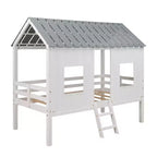 Lit cabane bas en forme de maison avec toit et deux fenêtres avant, taille jumeau, 204,2 cm L x 114,8 cm l x 181,4 cm H - Blanc