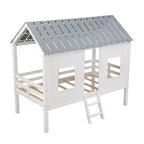 Lit cabane bas en forme de maison avec toit et deux fenêtres avant, taille jumeau, 204,2 cm L x 114,8 cm l x 181,4 cm H - Blanc