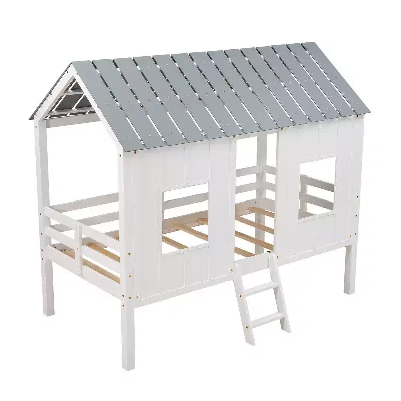 80.4''L 45.2''W 71.4H Twin Size House-shaped Low Loft Bed with Roof and Two Front Windows - White