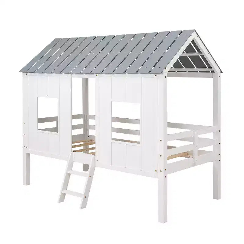Lit cabane bas en forme de maison avec toit et deux fenêtres avant, taille jumeau, 204,2 cm L x 114,8 cm l x 181,4 cm H - Blanc