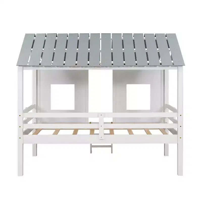 Lit cabane bas en forme de maison avec toit et deux fenêtres avant, taille jumeau, 204,2 cm L x 114,8 cm l x 181,4 cm H - Blanc