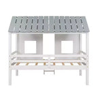 Lit cabane bas en forme de maison avec toit et deux fenêtres avant, taille jumeau, 204,2 cm L x 114,8 cm l x 181,4 cm H - Blanc