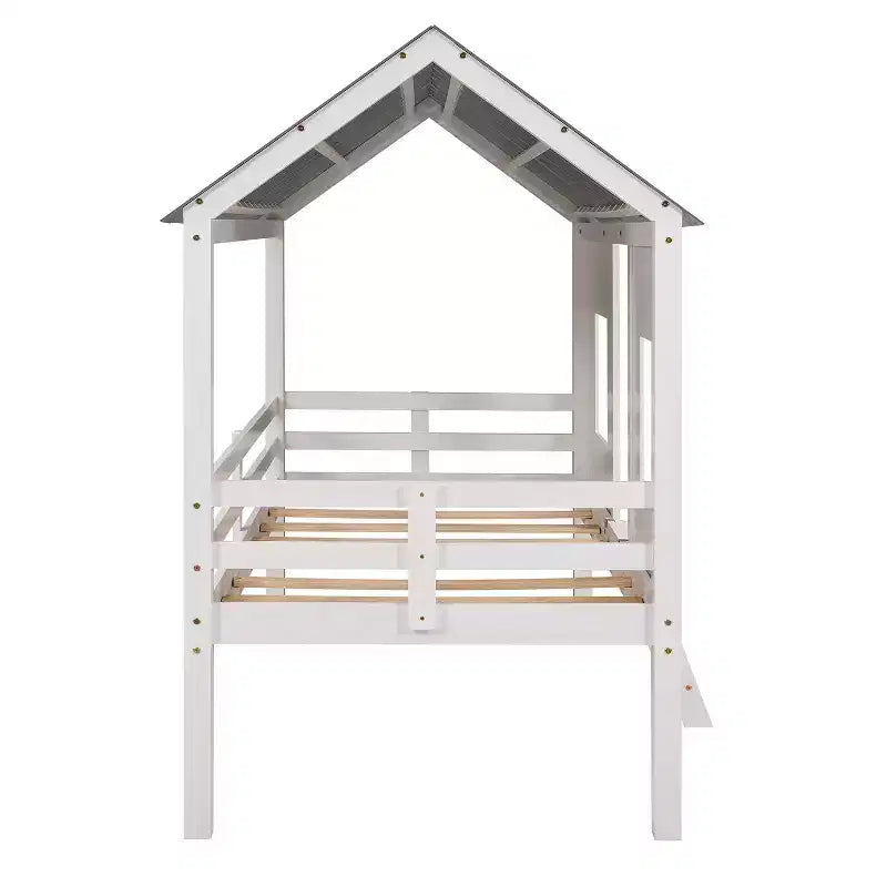 Lit cabane bas en forme de maison avec toit et deux fenêtres avant, taille jumeau, 204,2 cm L x 114,8 cm l x 181,4 cm H - Blanc