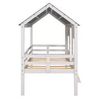 Lit cabane bas en forme de maison avec toit et deux fenêtres avant, taille jumeau, 204,2 cm L x 114,8 cm l x 181,4 cm H - Blanc