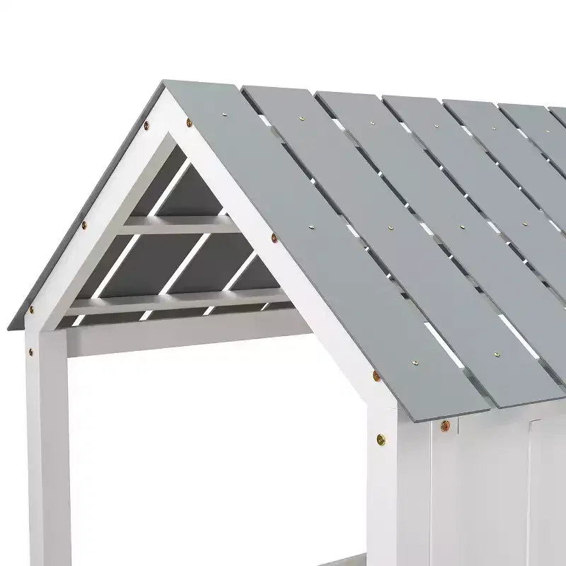 Lit cabane bas en forme de maison avec toit et deux fenêtres avant, taille jumeau, 204,2 cm L x 114,8 cm l x 181,4 cm H - Blanc