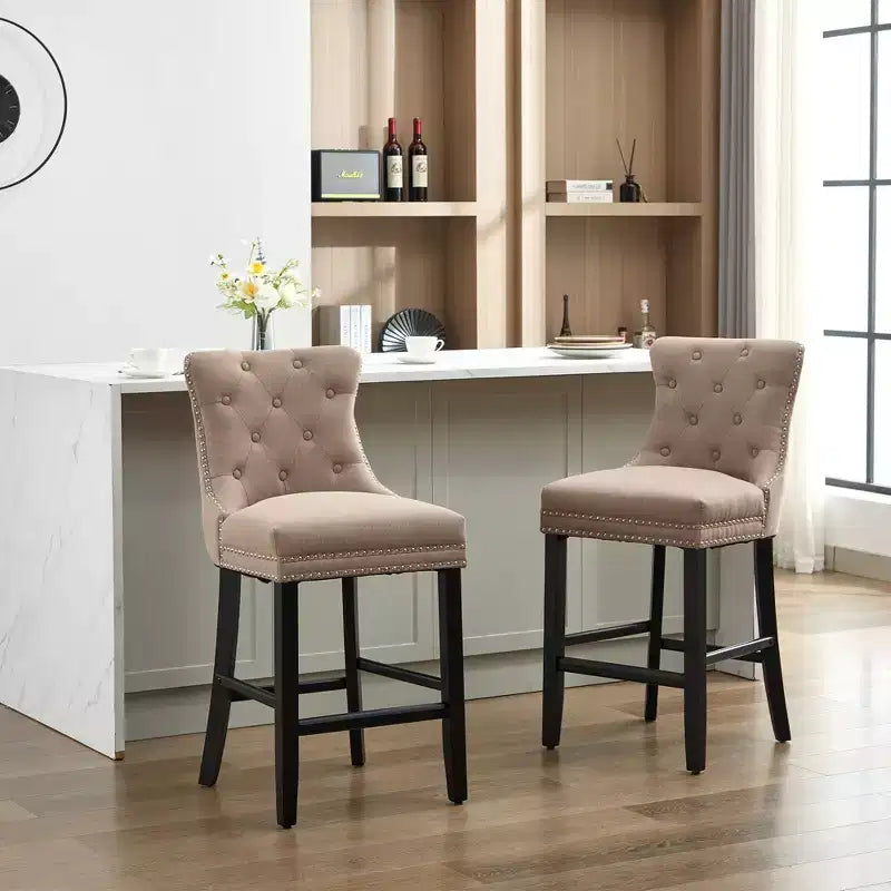 Upholstered Counter and Bar Stools Solid Wood Legs, Button Tufted Back