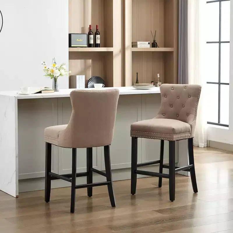 Upholstered Counter and Bar Stools Solid Wood Legs, Button Tufted Back