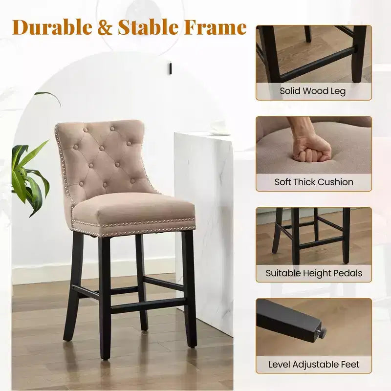 Upholstered Counter and Bar Stools Solid Wood Legs, Button Tufted Back