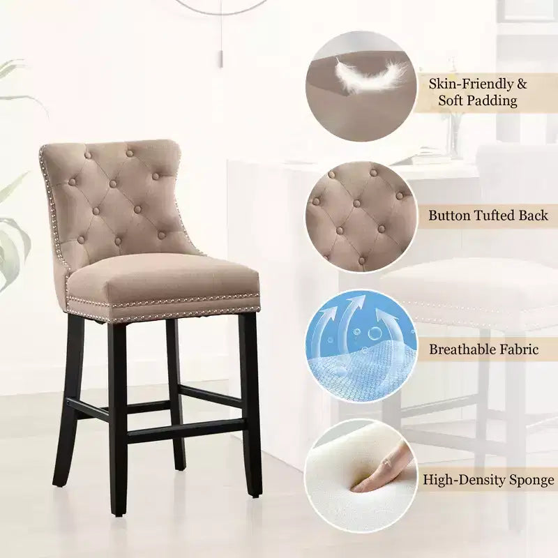 Upholstered Counter and Bar Stools Solid Wood Legs, Button Tufted Back