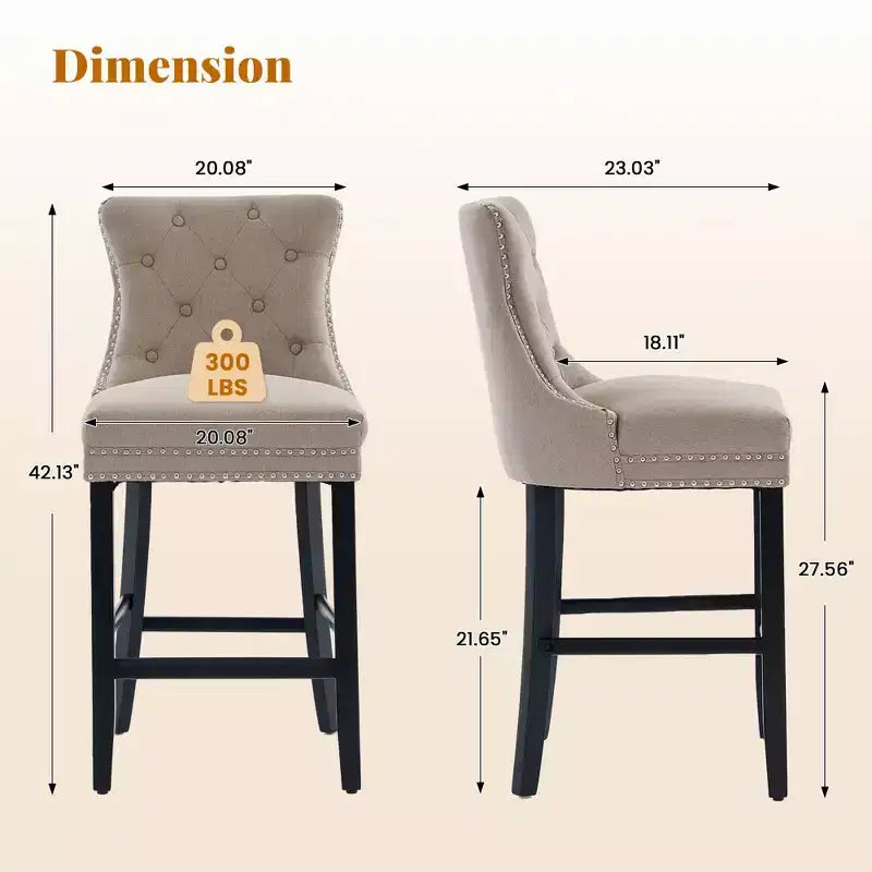 Upholstered Counter and Bar Stools Solid Wood Legs, Button Tufted Back