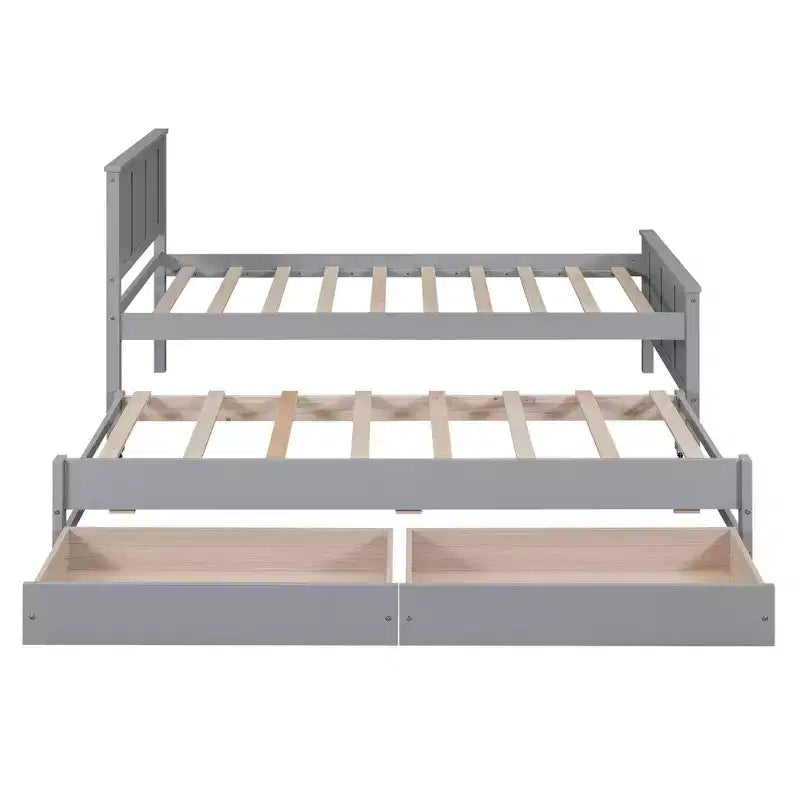Wood Twin Size Platform Bed with Trundle and Drawers