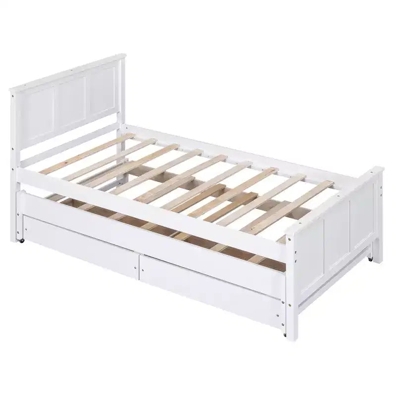 Wood Twin Size Platform Bed with Trundle and Drawers