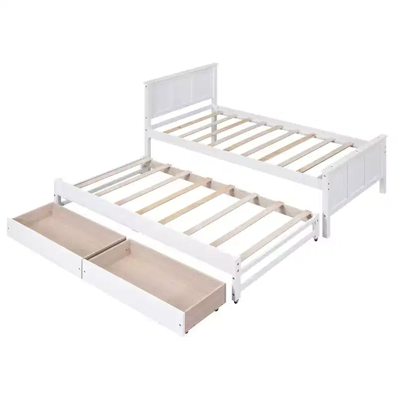 Wood Twin Size Platform Bed with Trundle and Drawers