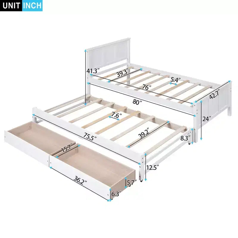 Wood Twin Size Platform Bed with Trundle and Drawers