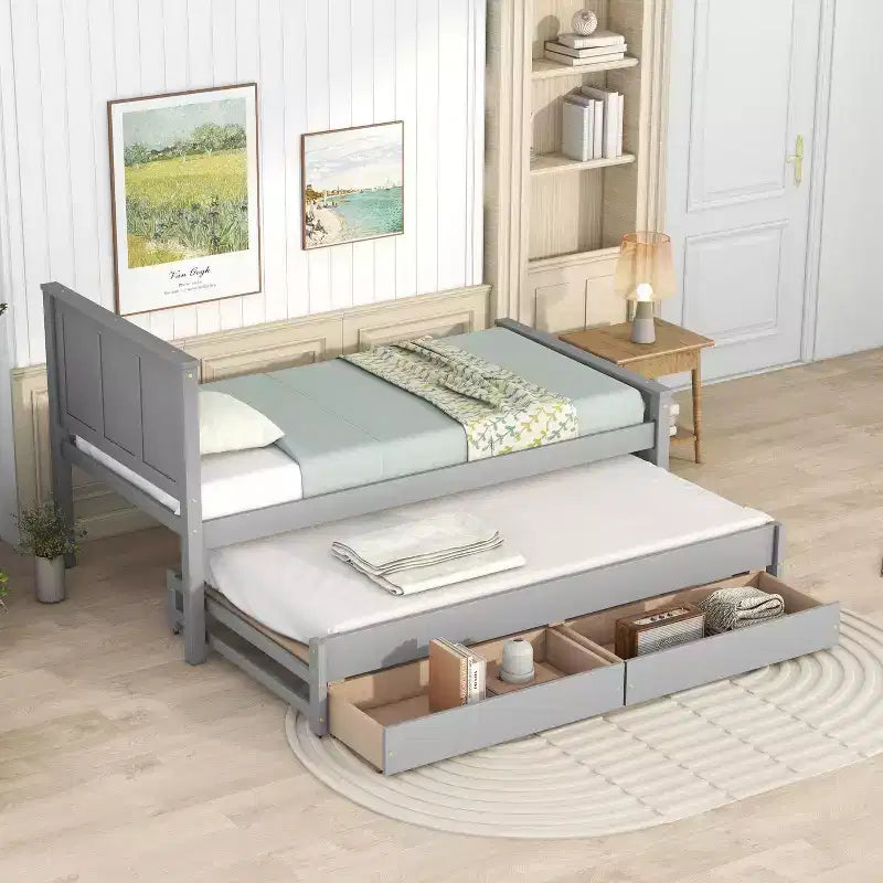 Wood Twin Size Platform Bed with Trundle and Drawers