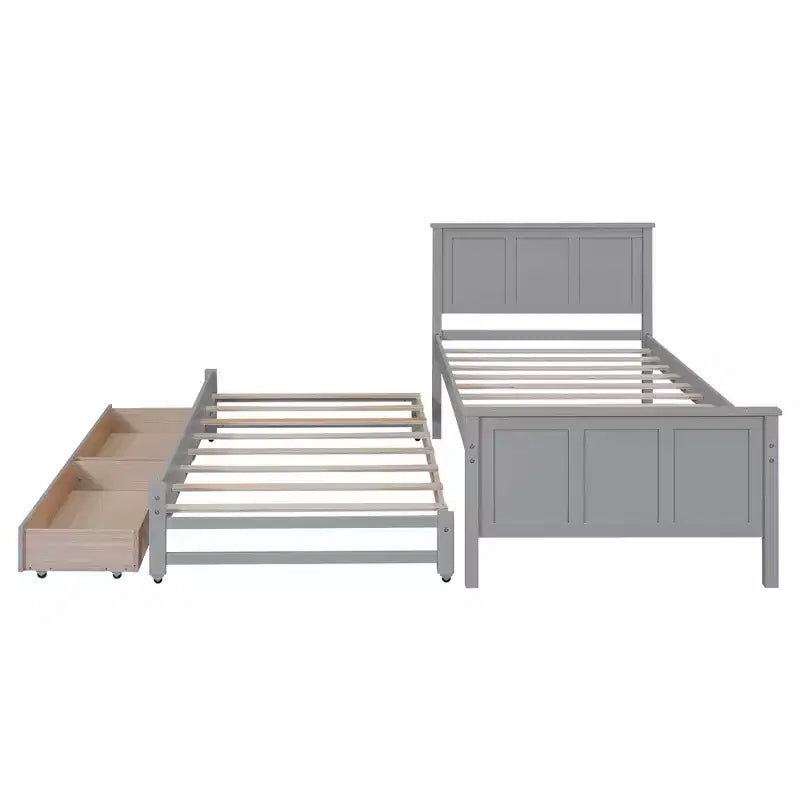Wood Twin Size Platform Bed with Trundle and Drawers