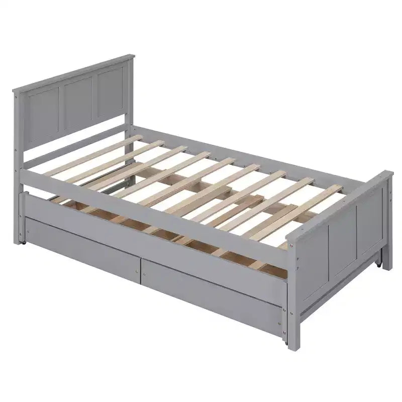 Wood Twin Size Platform Bed with Trundle and Drawers