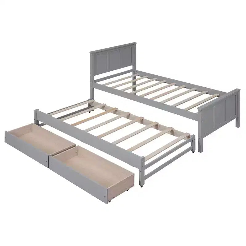 Wood Twin Size Platform Bed with Trundle and Drawers