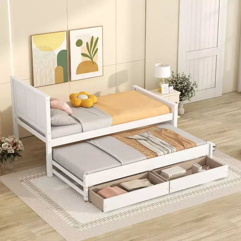 Wood Twin Size Platform Bed with Trundle and Drawers