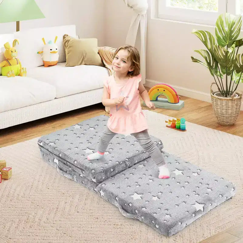 Matelas de sol pliable pour enfants, phosphorescent, pour la sieste des tout-petits, pliable en trois, coloré/gris/rose