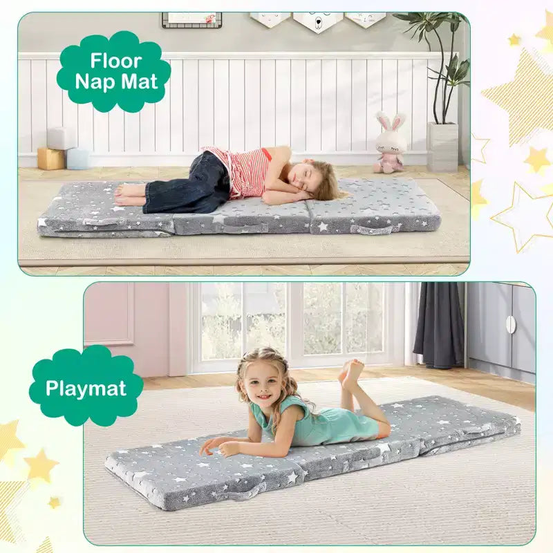 Matelas de sol pliable pour enfants, phosphorescent, pour la sieste des tout-petits, pliable en trois, coloré/gris/rose