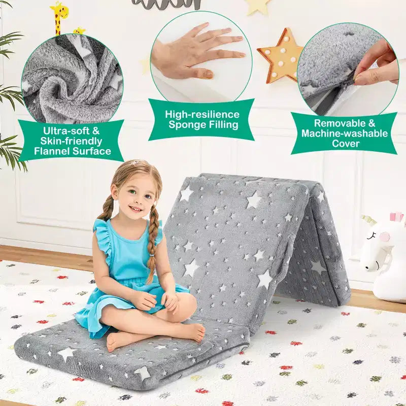 Matelas de sol pliable pour enfants, phosphorescent, pour la sieste des tout-petits, pliable en trois, coloré/gris/rose